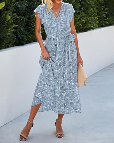 BTFBM Women Summer Bohemian Floral Casual Wrap V Neck Ruffle Cap Sleeveless Belt A-Line Pleated Hem Swing Midi Sun Dress (Light Blue, XX-Large) - Image 4