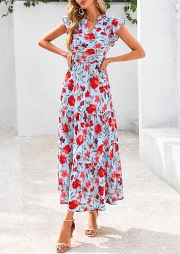 PRETTYGARDEN Women's 2025 Summer Floral Midi Dress Cap Sleeve V Neck Ruffle Long Flowy Boho Casual Beach Vacation Dresses (Floral Blue Red,Large) - Image 7