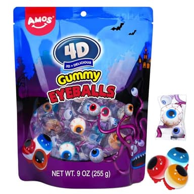 Amos Gummy Eyeball Halloween Candy Eye Candy Treats for Kids & Parties, 3D Gummy Eyeballs, Individually Wrapped,Sharing, 9oz Bag - Image 1