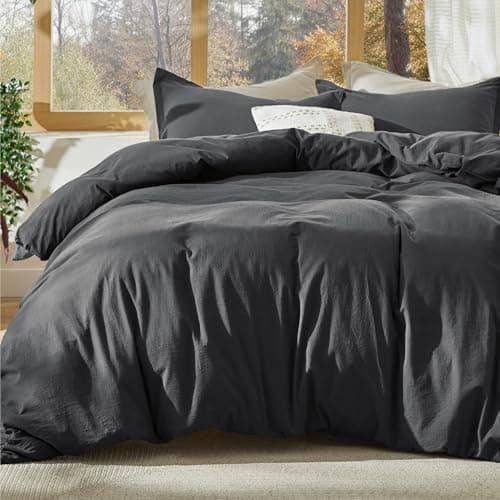 Bedsure 100% Stone Washed Cotton Duvet Cover King - Charcoal Minimalist Cotton Duvet Cover Set Linen Like - 3 Pieces GentleSoft™ Plain Simple Bedding Set with 2 Pillow Shams (Charcoal, King, 104"x90") - Image 1