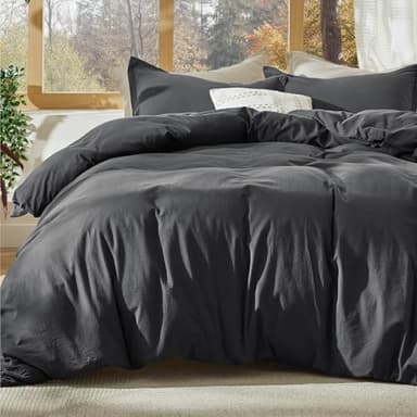 Bedsure 100% Stone Washed Cotton Duvet Cover King - Charcoal Minimalist Cotton Duvet Cover Set Linen Like - 3 Pieces GentleSoft™ Plain Simple Bedding Set with 2 Pillow Shams (Charcoal, King, 104"x90") - Image 1