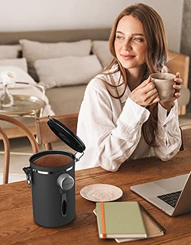 HAIOOU Airtight Coffee Canister, 22OZ Large Stainless Steel Coffee Bean Storage Container with Date Tracker, Measuring Scoop, CO2 Releasing Valves and Mini Tongs for Beans, Grounds and more - Gray - Image 2