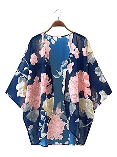 Chunoy Women Summer Floral Print Short Sleeve Chiffon Kimono Cardigan Open Front Blouse Top Beach Wear Cover Up Navy Blue Large - Image 4