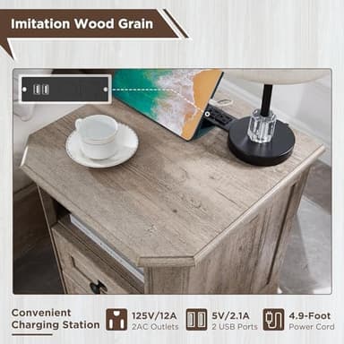 T4TREAM Farmhouse Nightstand with Charging Station, 18" End Table with 2 Drawers, Wood Side Table, Bedside Cabinet for Bedroom, Living Room (Light Rustic Oak - Image 4