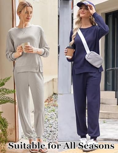 Ekouaer Waffle Knit Lounge Sets for Women Long Sleeve Pajamas Set with Pockets 2 Pieces Outfits Top and Pants Light Grey - Image 3