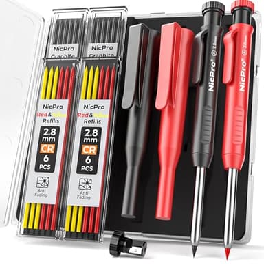 Nicpro 2Pack Carpenter Pencil with Sharpener, Mechanical Carpenter Pencils with 26 Refills (Red, Black, Yellow), Heavy Duty Construction Pencil, Woodworking Pencils for Architect - Image 1