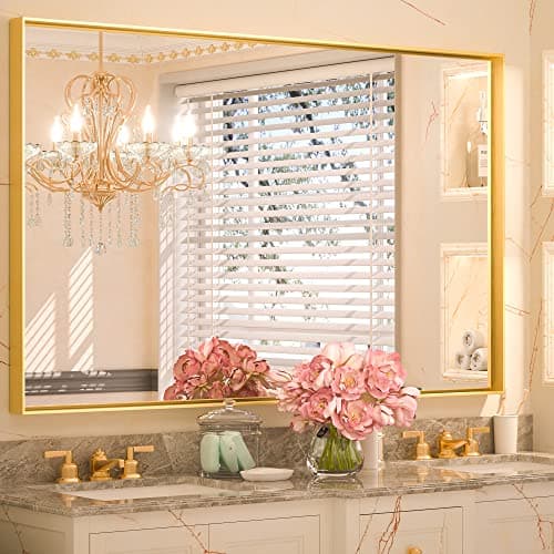 Keonjinn Gold Bathroom Mirror 40 x 30 Inch, Brushed Gold Mirror for Over Sink, Aluminum Alloy Framed, Square Corner, Modern Farmhouse, Large Rectangular Vanity Mirror for Wall(Horizontal/Vertical) - Image 1