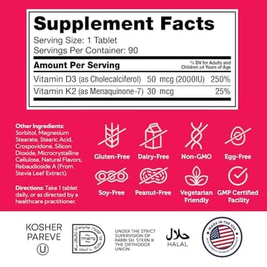 Zahler - Junior Vitamin D3 + K2 Chewable Tablets for Kids| Vitamin D for Kids 2000 IU | Delicious Vitamin D K2 Chews to Support Healthy Bones & Teeth - Kosher, Less Sugar Than Gummies (90 Count) - Image 6