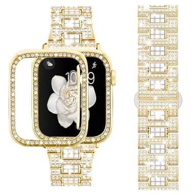 SUPOIX Compatible with Apple Watch Band 49mm + Case, Luxury Shiny Diamond Replacement Metal Strap for Women & Soft TPU Bumper Protective Case for iWatch Ultra(49mm,Gold) - Image 1