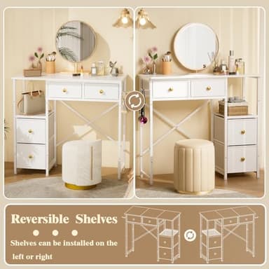3IngSeagulls White Vanity Desk Without Mirror, Small Makeup Desk with 4 Fabric Drawers, 33.5 Inches Dressing Table with Storage, Vanity Table for Bedroom with Hook, White - Image 6