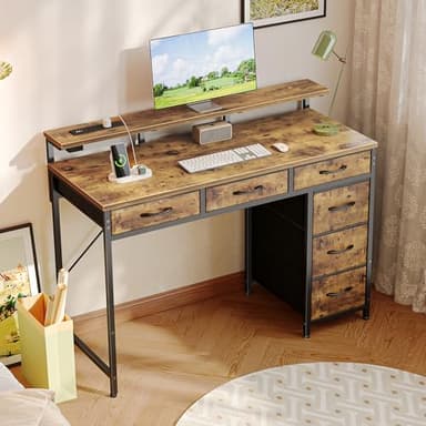 Huuger Gaming Desk with 6 Drawers, Computer Desk with LED Lights Power Outlets and Type-C, 39 Inch Office Desk with Storage, Monitor Stand, Writing Desk Work Desk Home Office, Study, Rustic Brown - Image 2