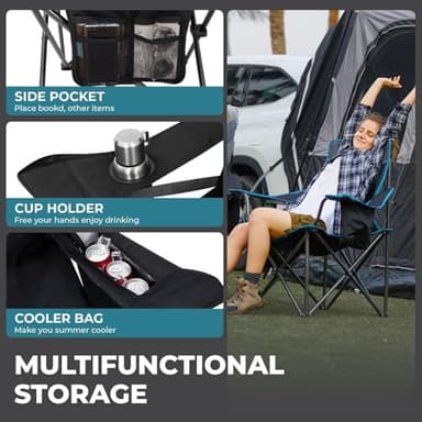 FUNDANGO Oversized Camping Chair for Adults, Heavy Duty Portable Foldable Lawn Chair with Padded Seat & Back, Lumbar Support, 4-can Cooler & Cup Holder, Carry Bag Included for Outdoor (Black) - Image 4