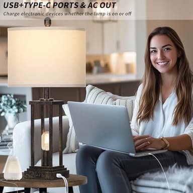27" Tall Farmhouse Table Lamps with Night Light, Bronze Industrial End Table Lamp for Living Room, Rustic Bedside Lamps Set Of 2 with USB C+A Ports & AC Outlet, Vintage Bedroom Lamp for Nightstand - Image 4