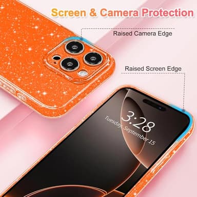 Hython Case for iPhone 16 Pro Max Case Glitter Cute Sparkly Shiny Bling Sparkle Phone Cases 6.9", Thin Slim Fit Soft TPU Bumper Shockproof Rubber Protective Cover for Women Girls Girly, Bright Orange - Image 3