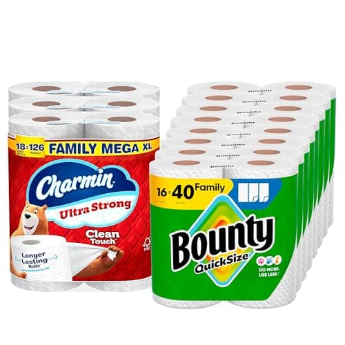 Bounty Quick-Size Paper Towels, White, 16 Family Rolls, Charmin Ultra Strong Clean Touch Toilet Paper, 18 Family Mega XL Rolls - Image 1