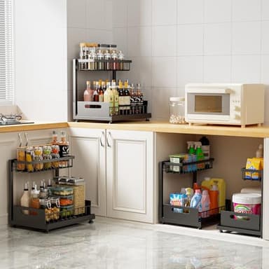 2 Pack Under Sink Organizer Storage 2-Tier Premium Metal Pull-Out Racks, Height Adjustable, Easy Installation | Kitchen & Bathroom Organizers - Image 4