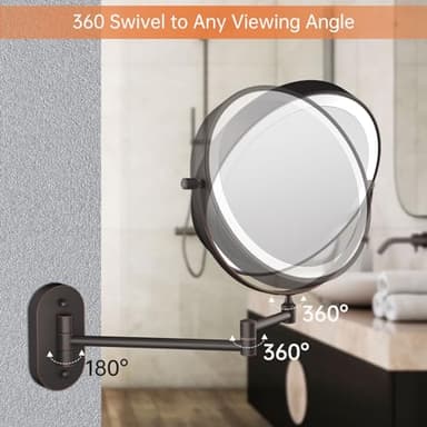 Rechargeable Wall Mounted Lighted Makeup Vanity Mirror 8 Inch Double Sided 1X 10X Magnifying Bathroom Mirror, 3 Color Lighting, Touch Dimming, Extended Arm 360 Rotation Light up Mirror Antique Bronze - Image 6