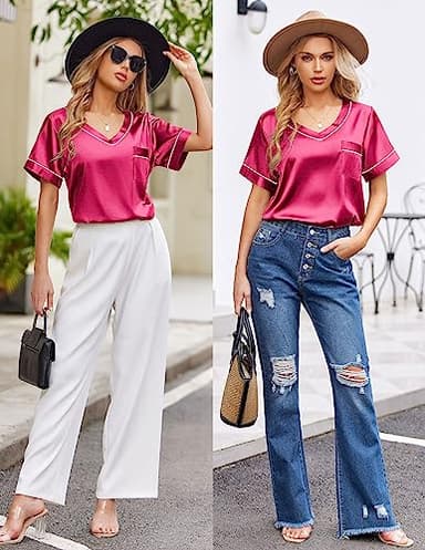 Ekouaer Silk Pajama for Women Short Sleeve Satin Pj Set Two Piece Soft Sleepwear Loungewear Casual Pjs for Summer Rose Red Medium - Image 3