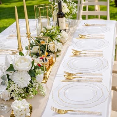 Liacere 150PCS Clear Gold Plastic Plates - Disposable Plastic Silverware with Glitter Bamboo Handle Cutlery-Baroque Clear Gold Disposable Plates for Wedding & Party & Thanksgiving &Fall Decor - Image 2