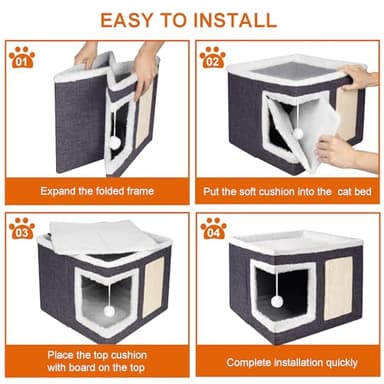 Loyareal Cat Houses for Indoor Cats - Large Cat Bed Cave with Scratch Pad and Fluffy Ball, Foldable Cat Condo Hideaway with Reversible Cushion for Multi Small Pet, Dark Grey - Image 6