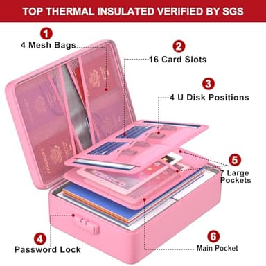 ENGPOW 5200°F Fireproof Document Bag with Lock, Upgraded Heat Insulated Fireproof＆Waterproof Box 8 Layers Document Organizer, Portable Home Travel Safe Storage Box for Important Files, Laptop, Pink - Image 6