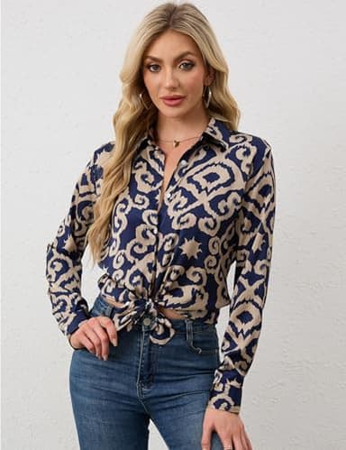 BBIBBI Womens Dressy Tops Long Sleeve Button Up Shirt Blusas Casuales De Mujer Bonitas Work Blouses for Women Blue Pattern1 M - Image 6