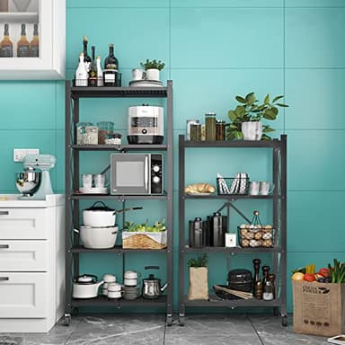 BRIGHTSHOW 4 Tier Storage Shelves Unit, Foldable Garage Shelving Metal Wire Shelf Rack, No Assembly Baker Rack Organizer Microwave Stand for Kitchen, Basement, Pantry, Laundry Room (4 tire Shelf) - Image 2