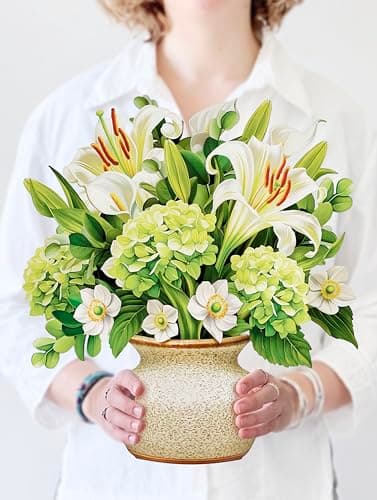 Freshcut Paper Pop Up Cards, Ivory & Sage, 12 Inch Life Sized Forever Flower Bouquet 3D Popup Greeting Card, Birthday Cards, Get Well Gifts, Blank Notecard & Envelope - Image 1
