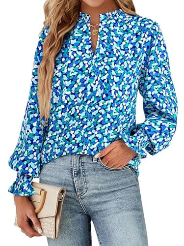 MASCOMODA Womens V Neck Floral Long Sleeve Tops 2025 Summer Casual Loose Puff Sleeve Chiffon Boho Work Blouse Dressy T Shirts(Blue,Large) - Image 3