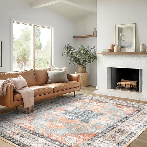 6x9 Area Rug, Ultra-Soft Washable Rug for Living Room, Dinner Room, Bedroom, Non-Slip Vintage Floral Rug, Indoor Carpet Large Area Rug, Orange - Image 1