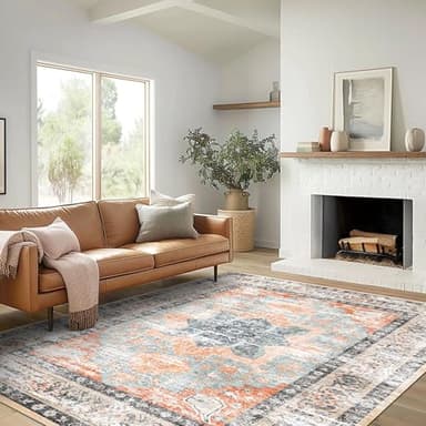 6x9 Area Rug, Ultra-Soft Washable Rug for Living Room, Dinner Room, Bedroom, Non-Slip Vintage Floral Rug, Indoor Carpet Large Area Rug, Orange - Image 1