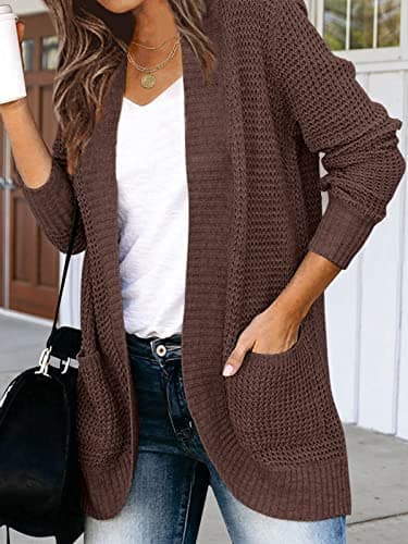 MEROKEETY Womens 2025 Fall Long Sleeve Open Front Cardigans Chunky Knit Draped Sweaters Outwear Coffee M - Image 3