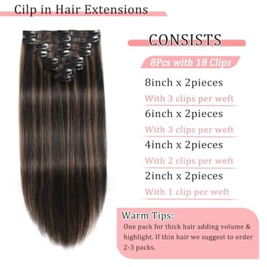 Clip in Hair Extensions Real Human Hair Clip in Extensions for Women Seamless Balayage Natural Black to Chestnut Brown Straight Remy 100% Human Clips ins Extension 8pcs Double Weft 16 inch 3.2oz/90g - Image 2