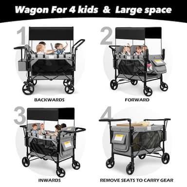 VOOI Stroller Wagon 4 Seater, Wagon for Kids, Collapsible W4 Stroller with Seats with 5-Point Harnesses, Easy Access Zipper Door, and Removable Sun Canopy (Grey, W4-Large) - Image 8