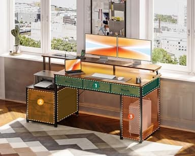 AODK 55 Inch Computer Desk with 3 Drawers and File Cabinet for Storage, Office Desk with Monitor Stand and LED Lights, Home Office Desks, Vintage - Image 5