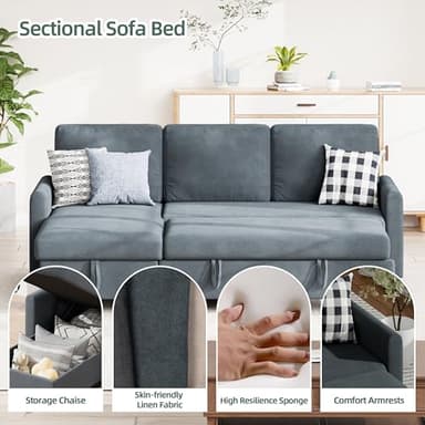 Shintenchi Sofa Couch, Pullout Sofa Bed,2 in 1 Pull Out Couch Bed with Storage Chaise for Living Room,Sleeper Sofa Couches Linen Sectional Sofa - Image 4