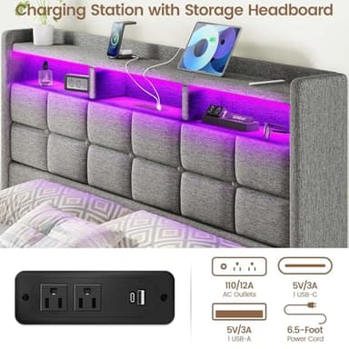Driftalia Lift Up Full Size Bed Frame with Storage, Upholstered Full Bed Frame with LED Lights Headboard and Charging Station, No Box Spring Needed, Easy Assembly - Light Grey - Image 4