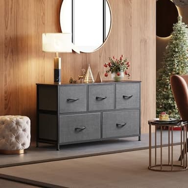 WLIVE Dresser for Bedroom with 5 Drawers, Wide Chest of Drawers, Fabric Dresser, Storage Organizer Unit with Fabric Bins for Closet, Living Room, Hallway, Dark Grey - Image 2
