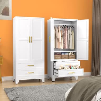 erosoei Metal Armoire Wardrobe Closet, 71 "Metal Clothing Storage Cabinet with Adjustable Shelves and Hanging Rod, Household Steel Wardrobe Storage Cabinet with Drawers (armoire-White) - Image 1