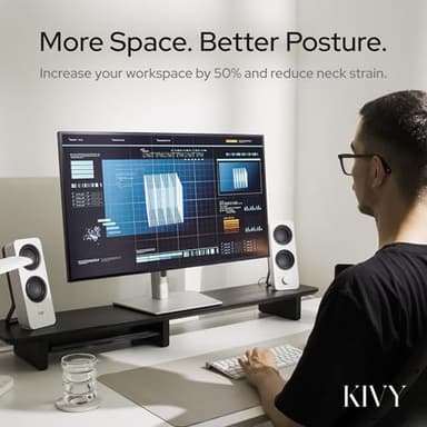 KIVY Dual Monitor Riser with Integrated Metal Shelf - Wooden Desk Shelf for Top of Desk - Dual Monitor Stand Riser (Dark Walnut Wood) - Image 3