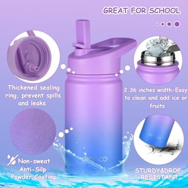Mininoo Insulated Kids Water Bottle, 12 oz Stainless Steel Water Bottle Kids with Straw Lid and Chug Lid for Girls, Boys (Purple/Blue) - Image 7