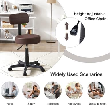 VECELO Armless Chair Rolling Stool with Backrest for Garage Shop Workbench Salon, Massage, Tattoo and Kitchen, with Wheels, Height Adjustable, Swivel, Coffee Brown - Image 7