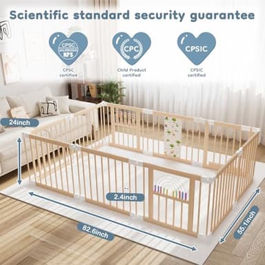 Foldable Wooden Baby Playpen Activity Center,Adjustable Size & Shape Portable Play Yard, Baby Fence Play Area with Gate for Indoor Use for Babies and Toddlers(82x55x24inches) - Image 6