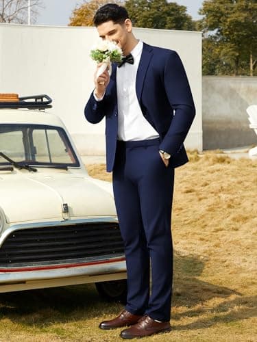 WEEN CHARM Men's Suit Regular Fit 2 Piece Wedding Tuxedo One Button Groom Prom Party Solid Blazer Pants Suit Set Navy Blue - Image 5