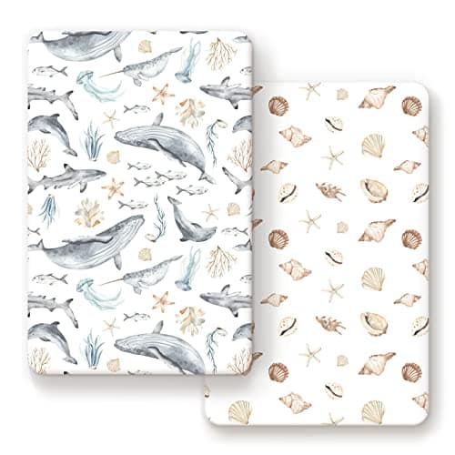 GRSSDER Stretchy Super Soft Jersey Knit Fitted Pack n Play Sheets Set 2 Pack,Portable/Mini Crib Sheets Snug and Safe,Beautiful Marine Organism for Boys and Girls - Image 1