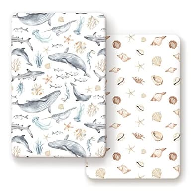 GRSSDER Stretchy Super Soft Jersey Knit Fitted Pack n Play Sheets Set 2 Pack,Portable/Mini Crib Sheets Snug and Safe,Beautiful Marine Organism for Boys and Girls - Image 1