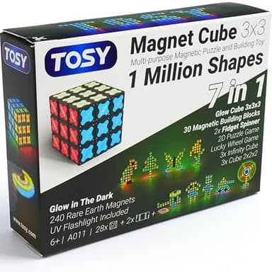 TOSY Magnet Cube 3x3 - 240 Magnets, 30 Blocks, 7in1 Toy: Puzzle Cube Game, Creative Building Blocks, Transformable Fidget Spinner, Infinity Cube, Magnet Tiles, UV Flashlight, Glowing STEM/STEAM Toy - Image 1