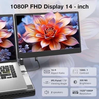 AOKER Laptop Triple Screen Extender - 14" Monitor IPS FHD 1080P HDMI USB-C Detachable Portable Display for 12-17.3 Inch Laptops Compatible with Windows Mac Chrome Surface Metal Base Travel Work Setup - Image 2