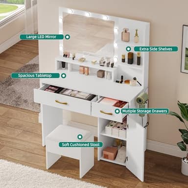 YITAHOME Vanity Desk with Mirror, Makeup Vanity Set with Power Strip, 9 Dimmable Bulbs, Drawers, Cabinet, Shelves, and Stool, 3-Color Adjustable Lighting, Elegant Vanity for Dressing Room, White - Image 4