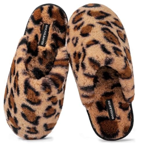 Snug Leaves Women's Fuzzy Scuff Slippers Soft Comfy Memory Foam Non-slip Indoor House Shoes (Cheetah Brown, Size 9-10) - Image 1